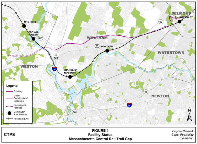 Figure 1 – Map depicting the status of the of the Massachusetts Central Rail Trail – existing, under construction/in design, or envisioned/planned – along the Boston region bicycle network gap that spans from Waverly Station in Belmont, through Waltham for approximately three miles, and into Weston.